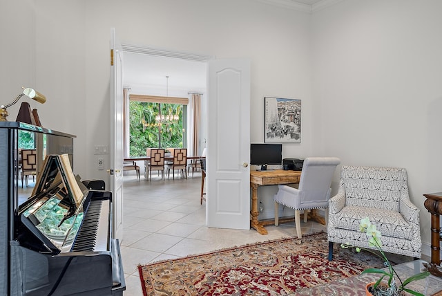 office area featuring light tile patterned floors, ornamental molding, and a chandelier