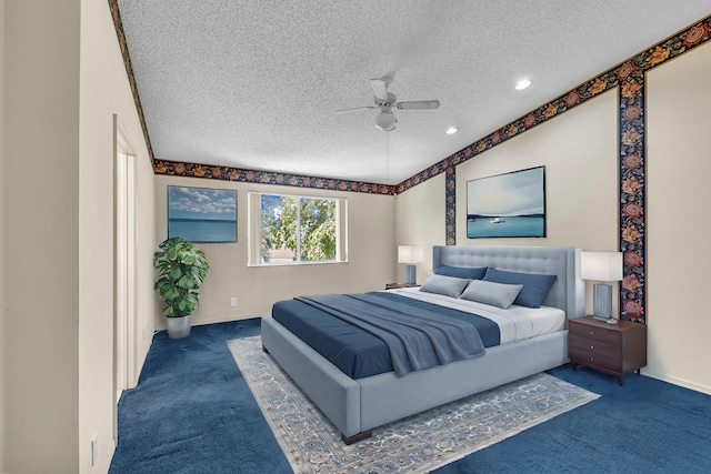 carpeted bedroom with recessed lighting, ceiling fan, a textured ceiling, and baseboards