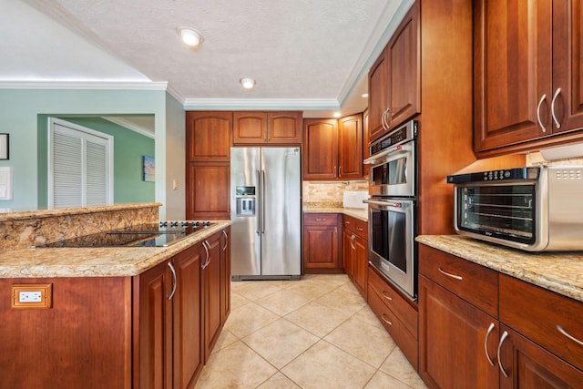 kitchen featuring light tile patterned floors, decorative backsplash, light stone countertops, stainless steel appliances, and crown molding