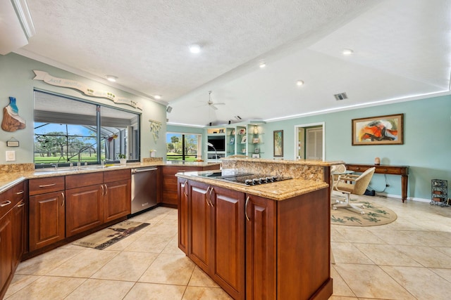 kitchen with light tile patterned floors, visible vents, stainless steel dishwasher, and black electric cooktop