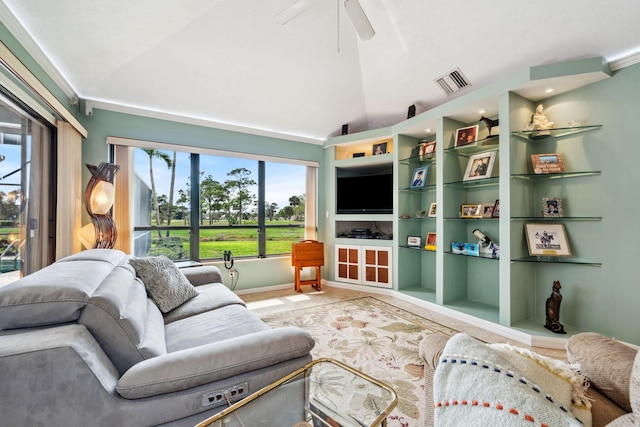 living room featuring high vaulted ceiling, visible vents, and a ceiling fan