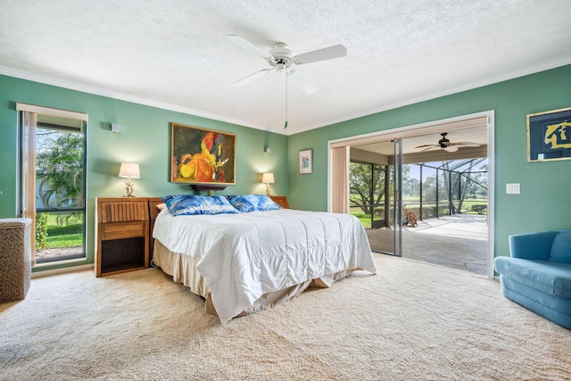 bedroom with carpet, access to outside, ornamental molding, and a textured ceiling