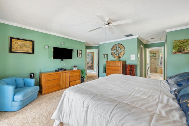 bedroom featuring ceiling fan, ornamental molding, carpet, and visible vents