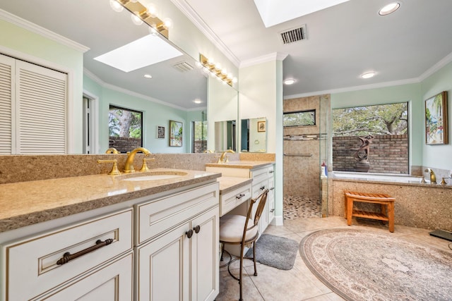 full bath featuring a skylight, visible vents, and ornamental molding