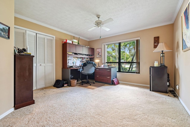 carpeted office space featuring a textured ceiling, baseboards, and crown molding