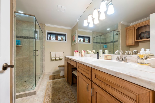 full bathroom featuring toilet, vanity, a shower stall, tile patterned floors, and crown molding