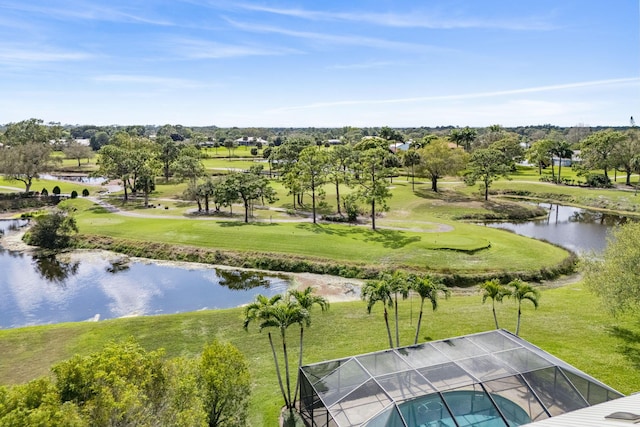 drone / aerial view featuring a water view and golf course view