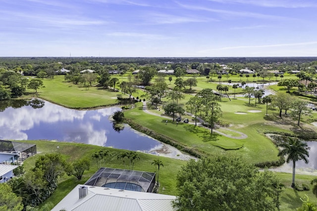 drone / aerial view featuring a water view and view of golf course