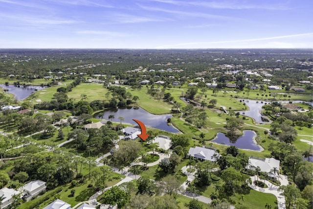 birds eye view of property featuring a residential view, a water view, and golf course view