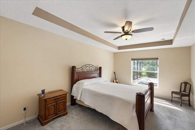 bedroom with a raised ceiling, light carpet, and baseboards