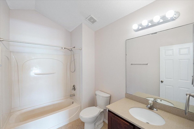 bathroom with visible vents, toilet, lofted ceiling, bathtub / shower combination, and vanity