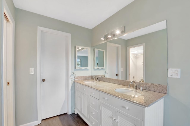 full bathroom featuring a sink, wood finished floors, and double vanity