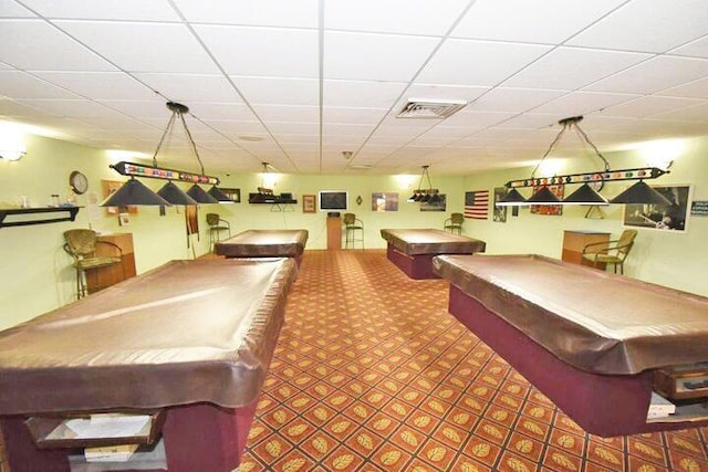 game room with visible vents, pool table, and a drop ceiling