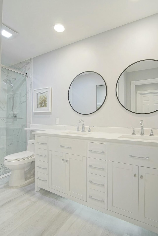 full bathroom with toilet, double vanity, a marble finish shower, and a sink