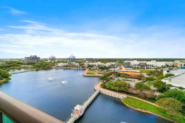 aerial view with a view of city and a water view