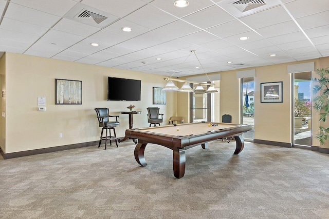 rec room with carpet, visible vents, baseboards, and recessed lighting