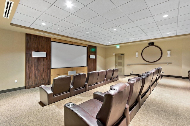 cinema with carpet floors, baseboards, visible vents, and recessed lighting