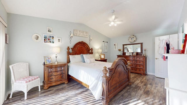 bedroom with lofted ceiling, wood finished floors, and a ceiling fan