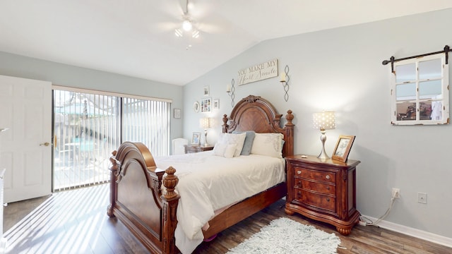 bedroom featuring lofted ceiling, ceiling fan, wood finished floors, baseboards, and access to exterior