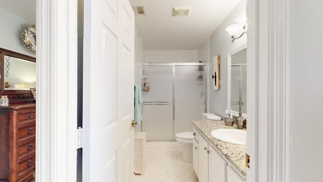 bathroom with toilet, vanity, visible vents, and a shower stall