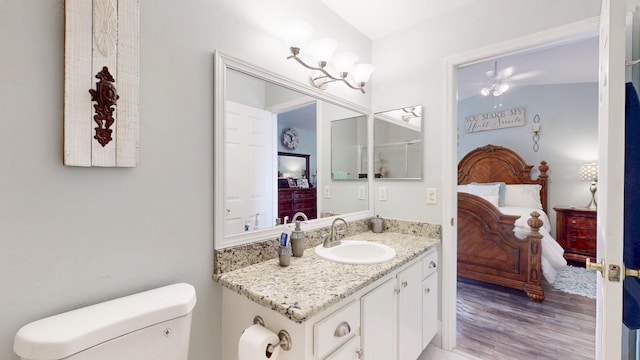 bathroom featuring toilet, vanity, ensuite bath, and wood finished floors