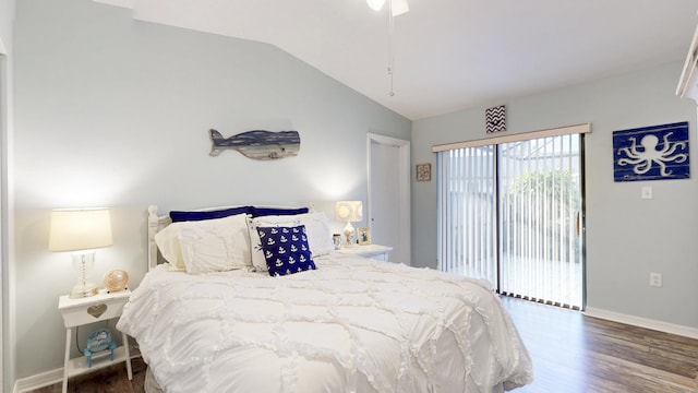 bedroom with access to outside, lofted ceiling, baseboards, and wood finished floors