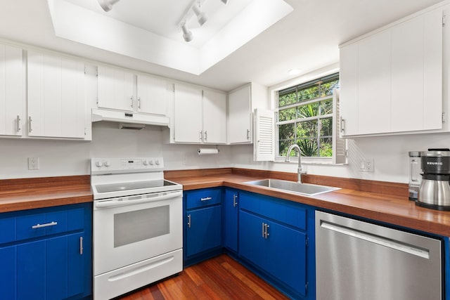 kitchen with white range with electric cooktop, butcher block countertops, stainless steel dishwasher, under cabinet range hood, and a sink