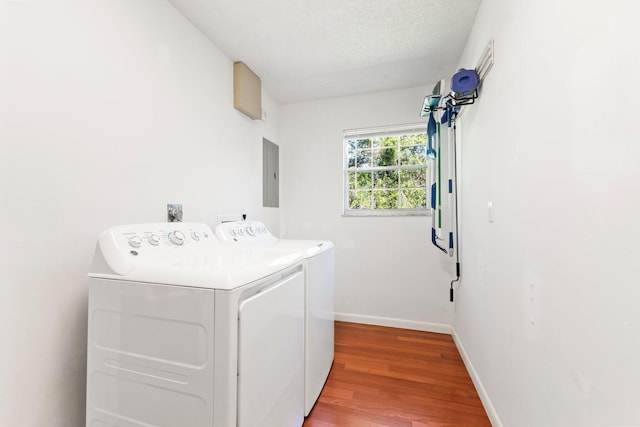 clothes washing area with washer and clothes dryer, light wood-style flooring, laundry area, electric panel, and baseboards