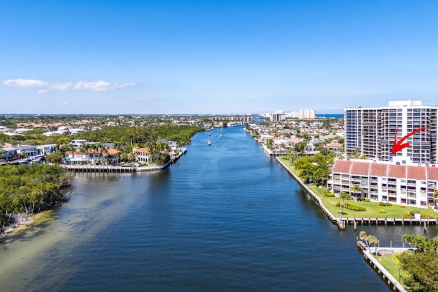 drone / aerial view featuring a water view