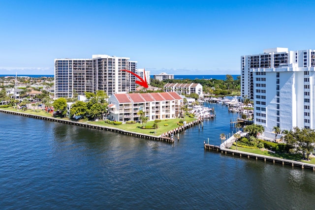 drone / aerial view featuring a water view