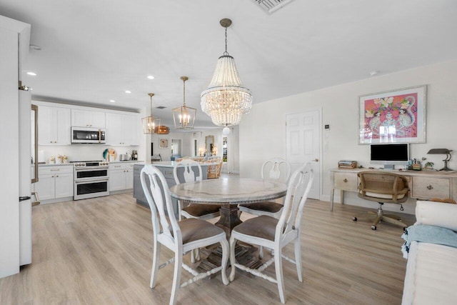 dining space with recessed lighting, a notable chandelier, light wood-style floors, and visible vents