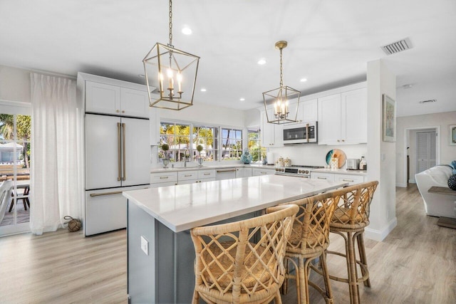 kitchen featuring visible vents, premium appliances, a kitchen island, white cabinets, and light wood finished floors