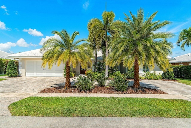 view of property hidden behind natural elements with decorative driveway, a garage, and stucco siding