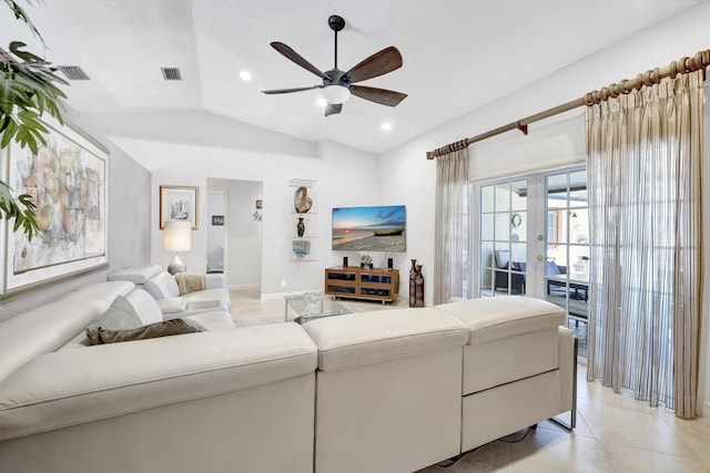 living area with visible vents, a ceiling fan, lofted ceiling, and french doors