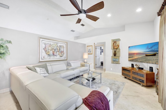 living area featuring a ceiling fan, recessed lighting, lofted ceiling, and visible vents