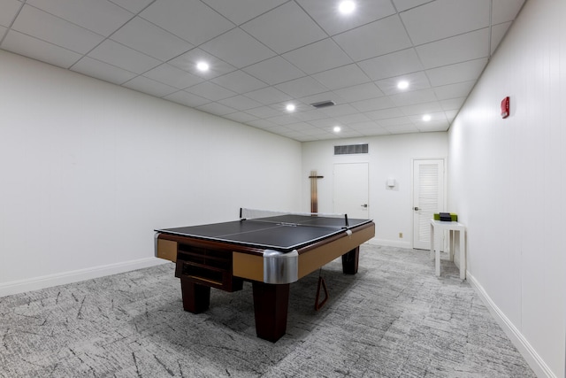 rec room featuring carpet floors, recessed lighting, visible vents, and baseboards