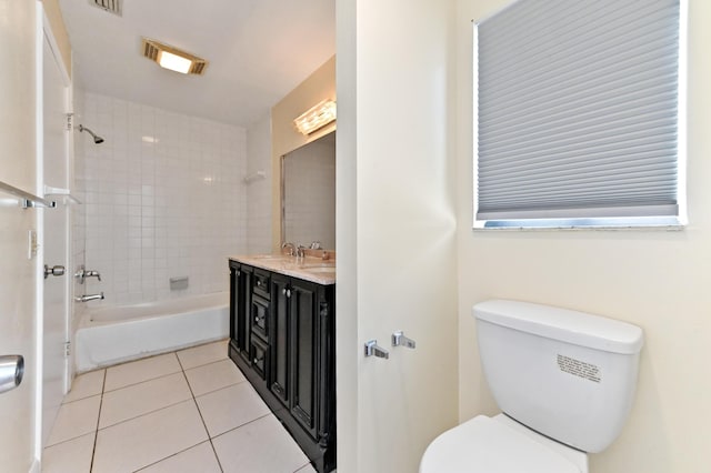 full bathroom with vanity, visible vents,  shower combination, tile patterned flooring, and toilet