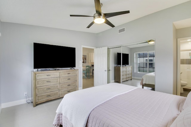 bedroom featuring a closet, visible vents, connected bathroom, ceiling fan, and baseboards