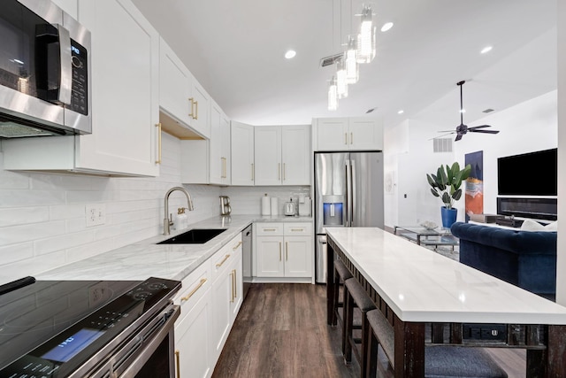 kitchen with stainless steel appliances, a sink, visible vents, tasteful backsplash, and dark wood finished floors