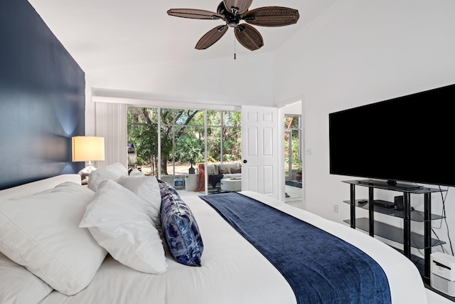 carpeted bedroom featuring high vaulted ceiling, multiple windows, and a ceiling fan