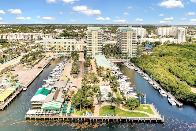 aerial view featuring a view of city and a water view