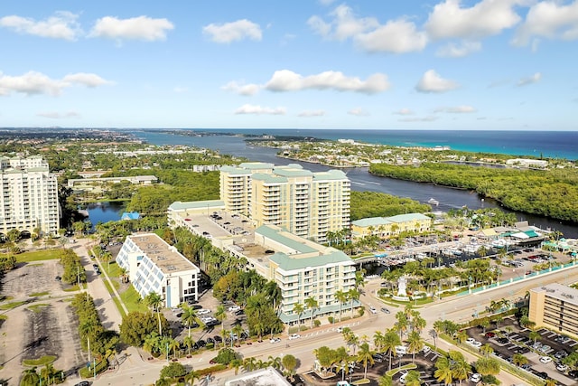 drone / aerial view with a water view and a city view