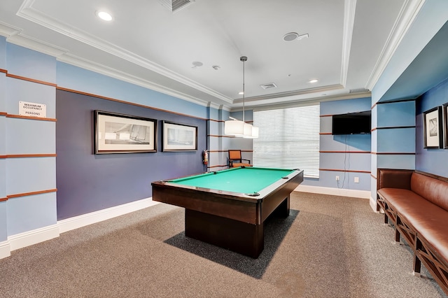 rec room with recessed lighting, pool table, carpet flooring, baseboards, and ornamental molding