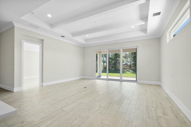 unfurnished room featuring baseboards, visible vents, light wood-type flooring, beam ceiling, and recessed lighting