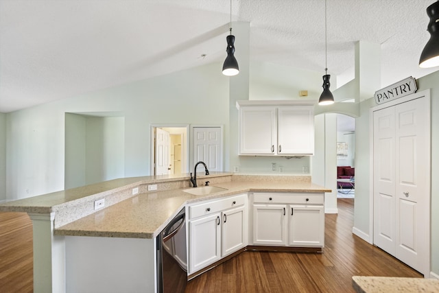 kitchen with dishwashing machine, light stone countertops, lofted ceiling, dark wood-style flooring, and a sink