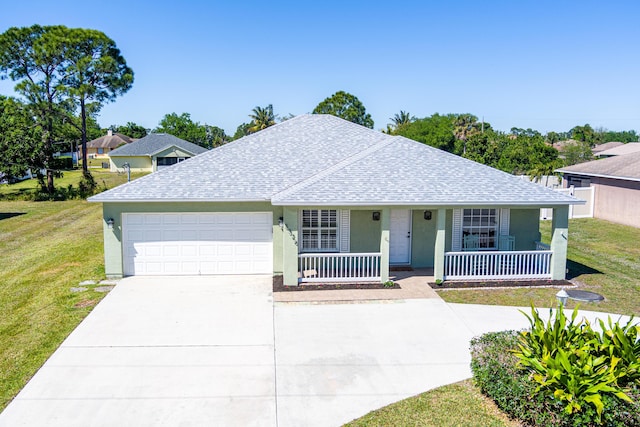 single story home with driveway, roof with shingles, a porch, a front lawn, and a garage