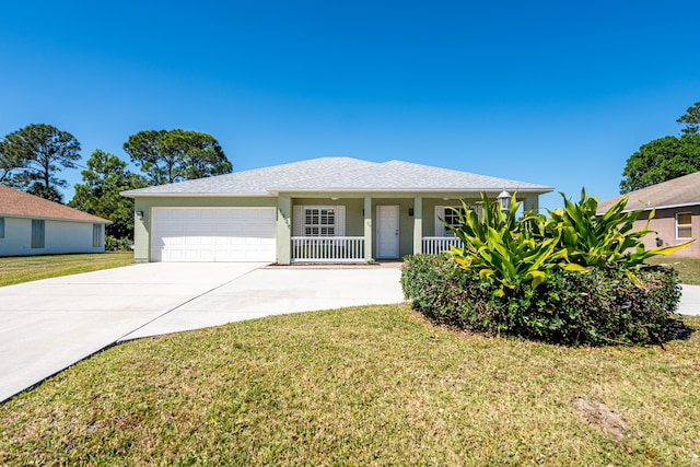 ranch-style house featuring stucco siding, driveway, covered porch, a front yard, and a garage