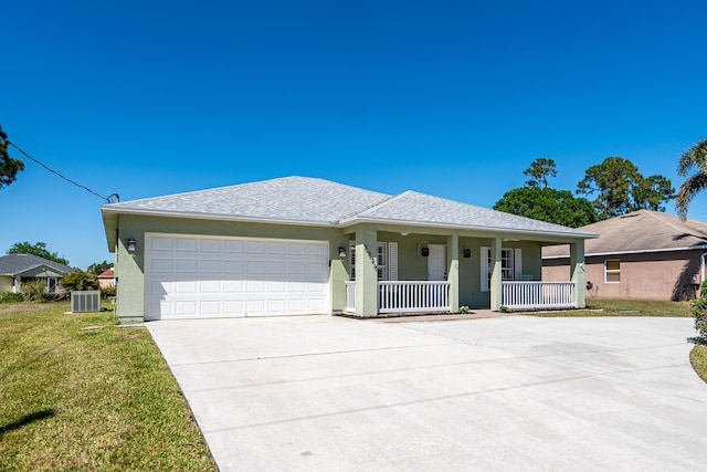 ranch-style home with a front yard, driveway, covered porch, a garage, and central air condition unit