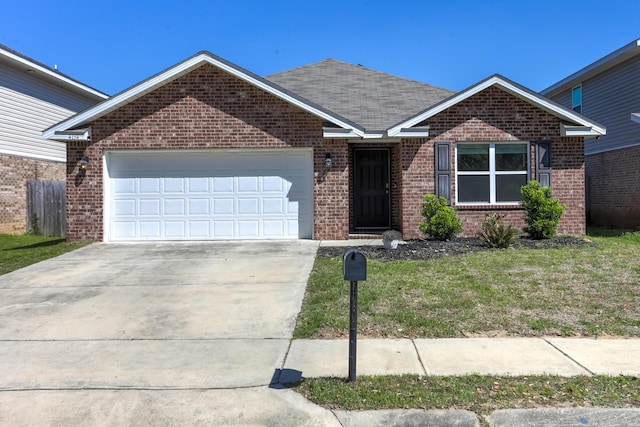 ranch-style house with a front lawn, driveway, a garage, and brick siding