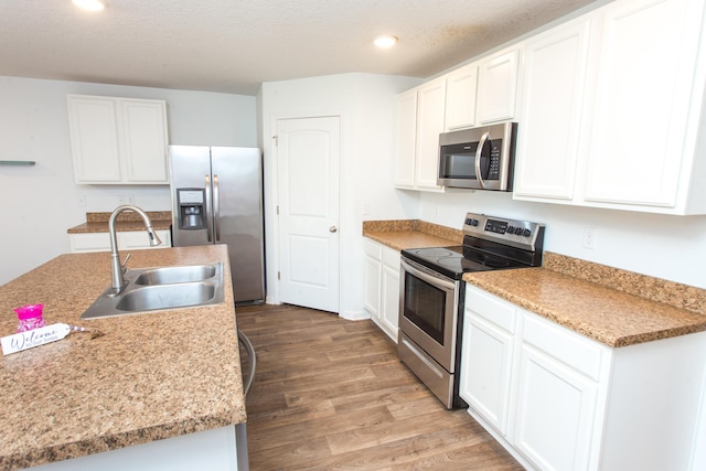 kitchen featuring white cabinets, a sink, wood finished floors, and appliances with stainless steel finishes